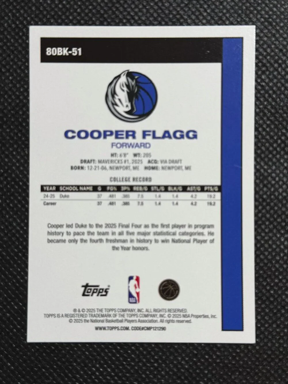 2025-26 Topps Cooper Flagg Foil RC 45th Anniversary SP #80BK-51 Mavericks Rookie
